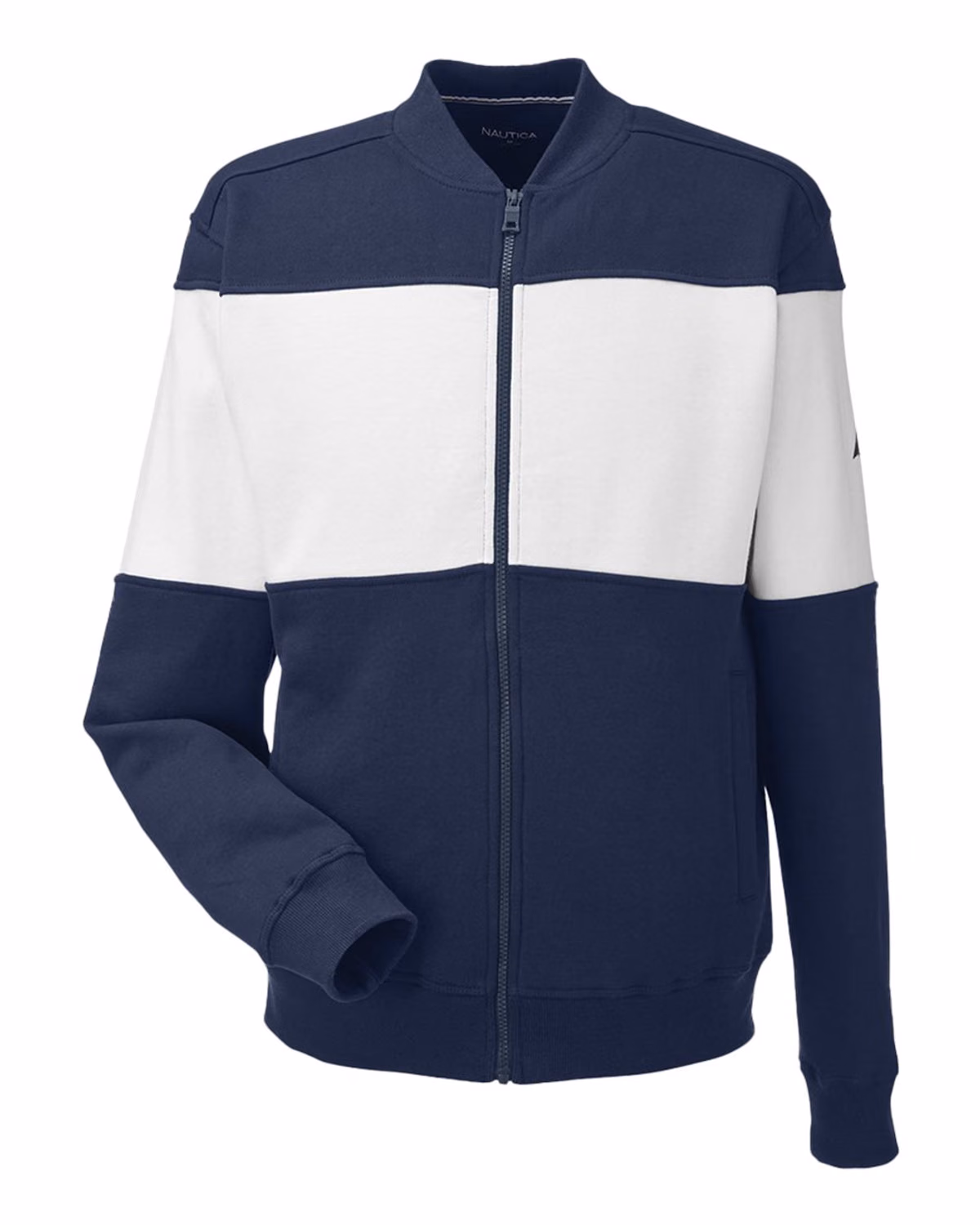 Custom Nautica Unisex Anchor Fleece Colorblocked Bomber Jacket - Navy/ White - front