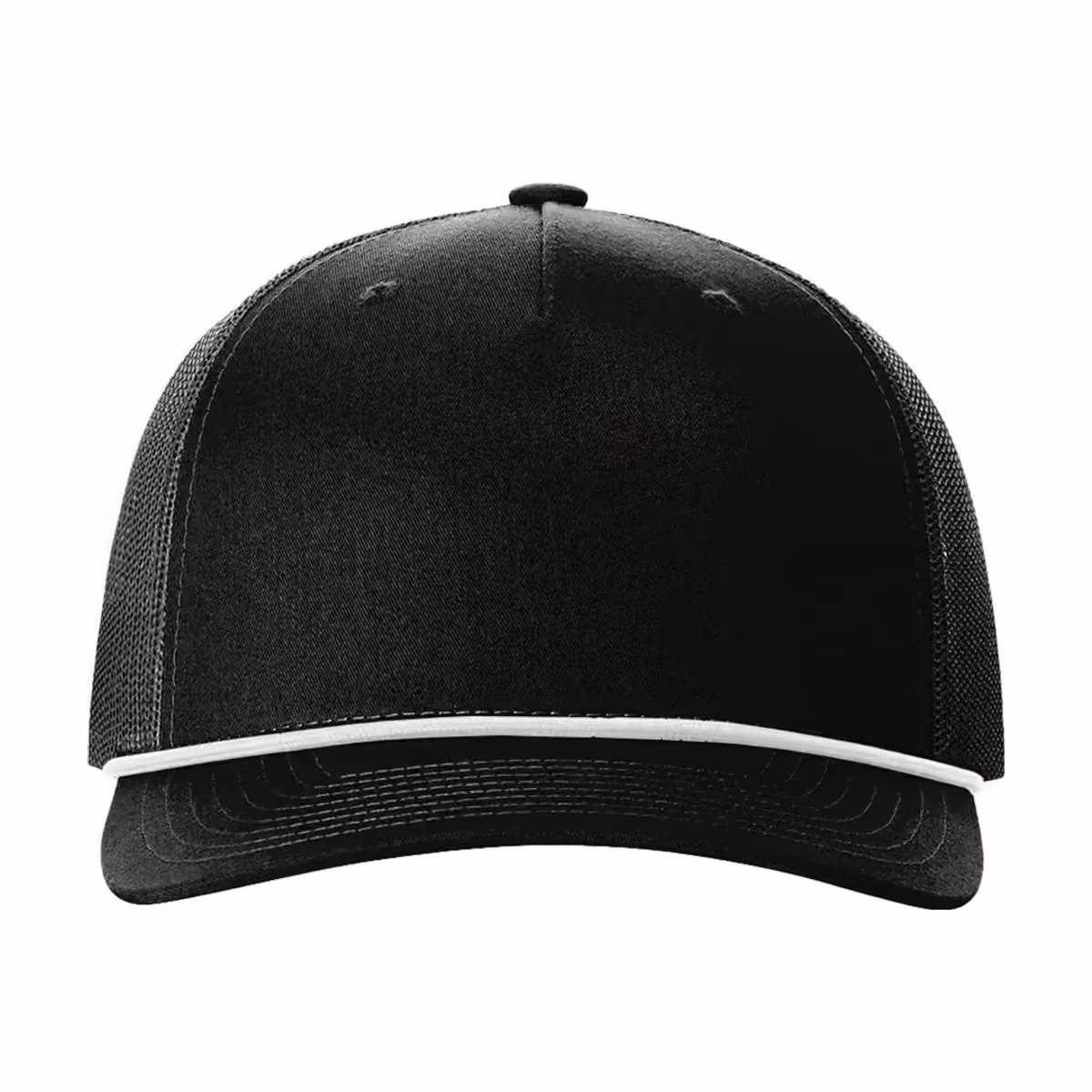 Custom Richardson Five-Panel Trucker Rope Cap - Black/ White front