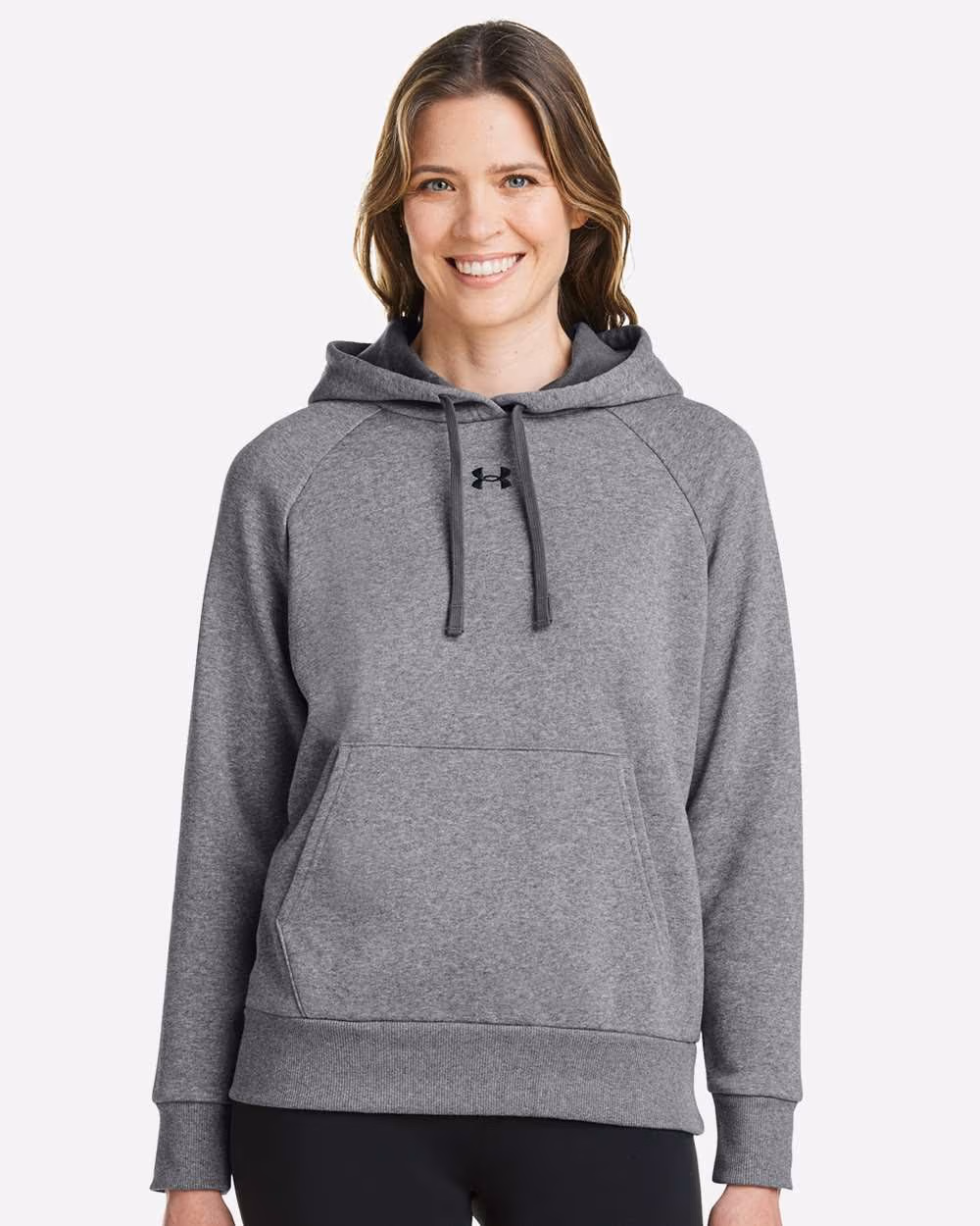 Custom Under Armour Women's Rival Fleece Hooded Sweatshirt - Castlerock Grey Light Heather/ Black front