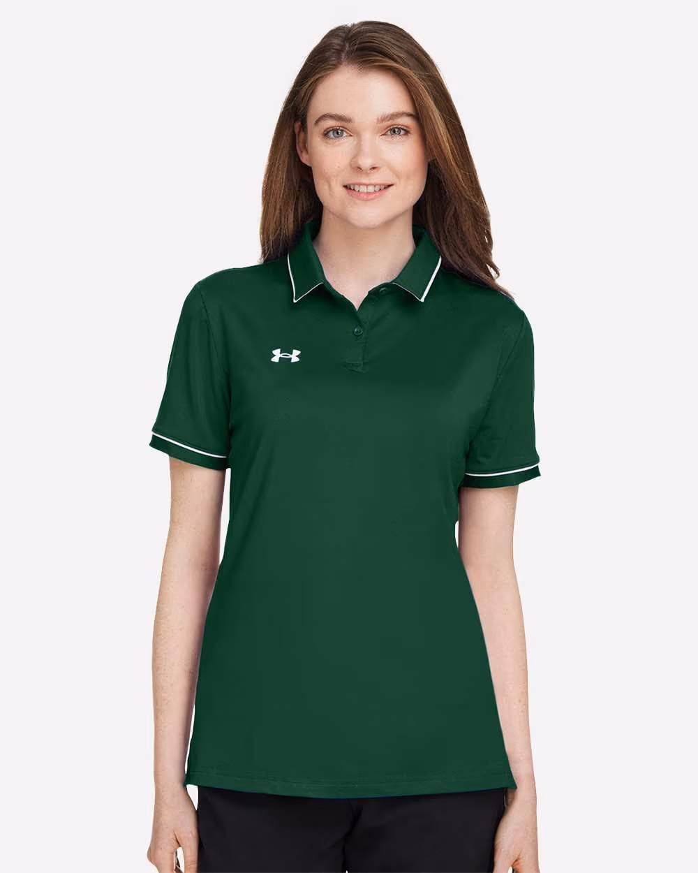 Custom Under Armour Women's Tipped Teams Performance Polo - Forest Green/ White front