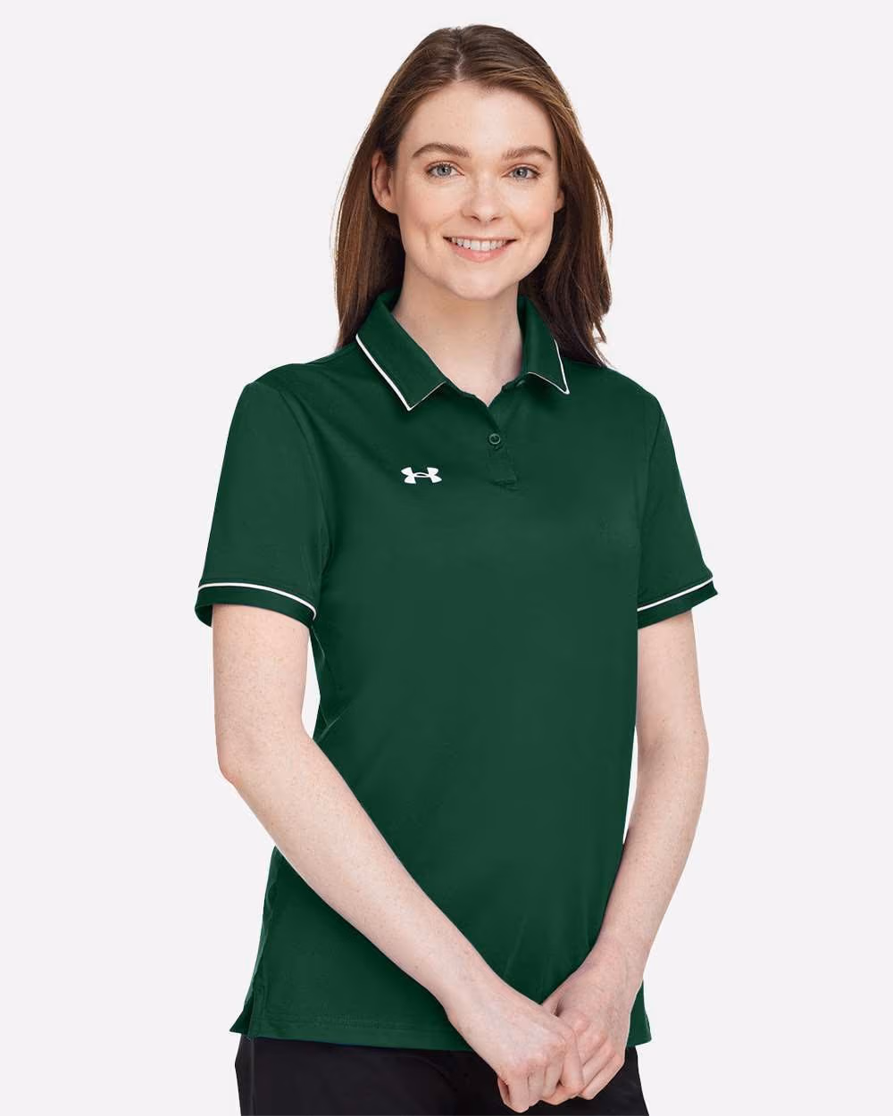 Custom Under Armour Women's Tipped Teams Performance Polo - Forest Green/ White side