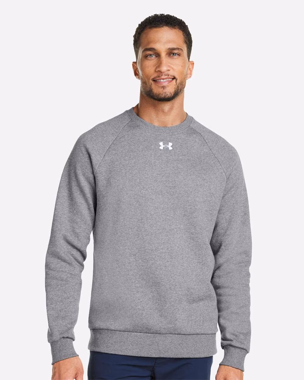 Custom Under Armour Men's Rival Fleece Crewneck Sweatshirt - CS Grey Light Heather/ White front