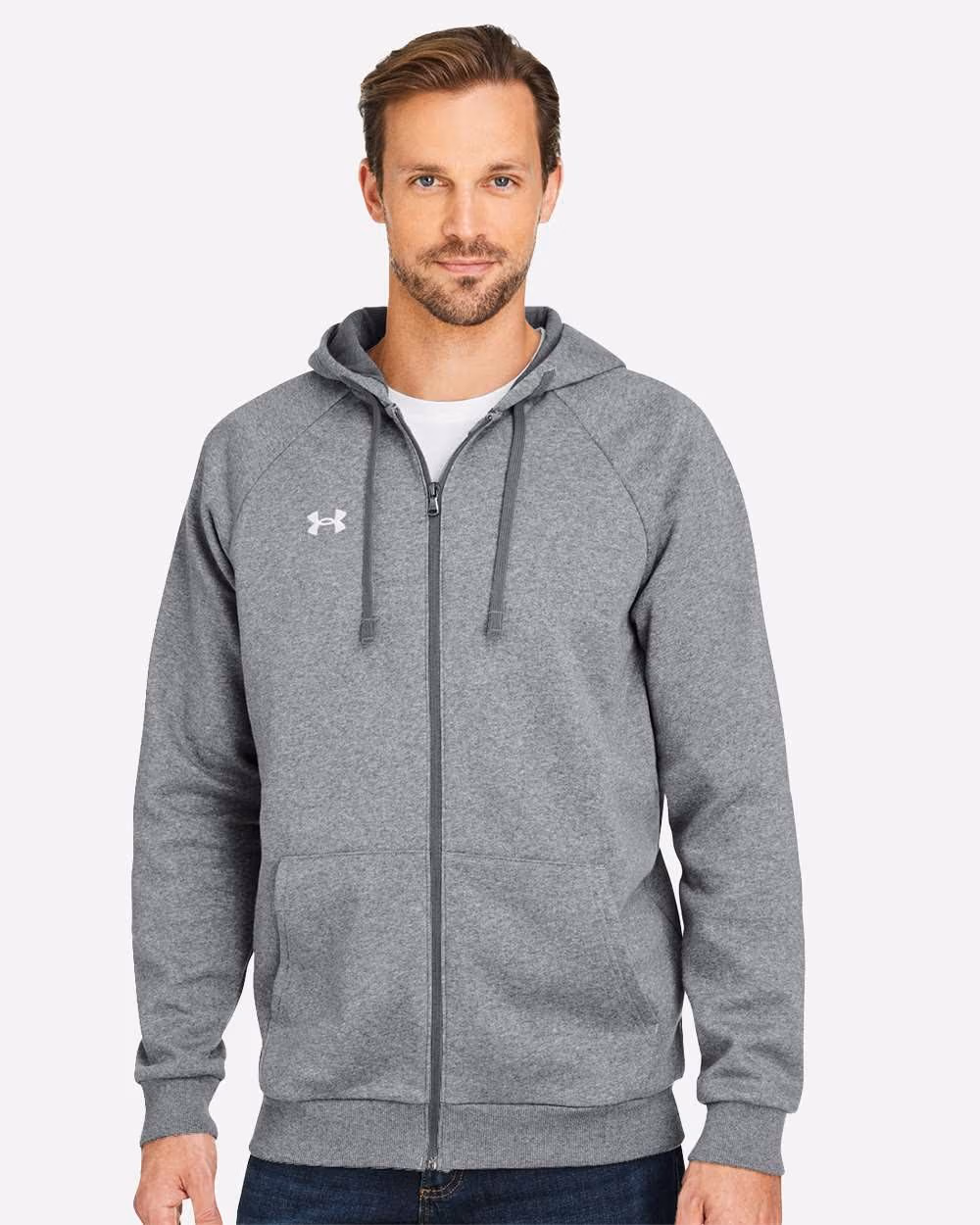 Custom Under Armour Men's Rival Fleece Full-Zip - CS Grey Light Heather/ White front