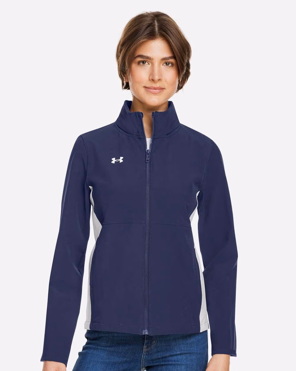 Custom Under Armour Women's Rival Stretch Jacket - Midnight Navy/ White front