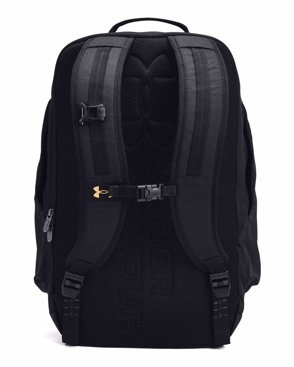 Custom Under Armour Contain Laptop Backpack 2.0 Black/ MT Gold flat back