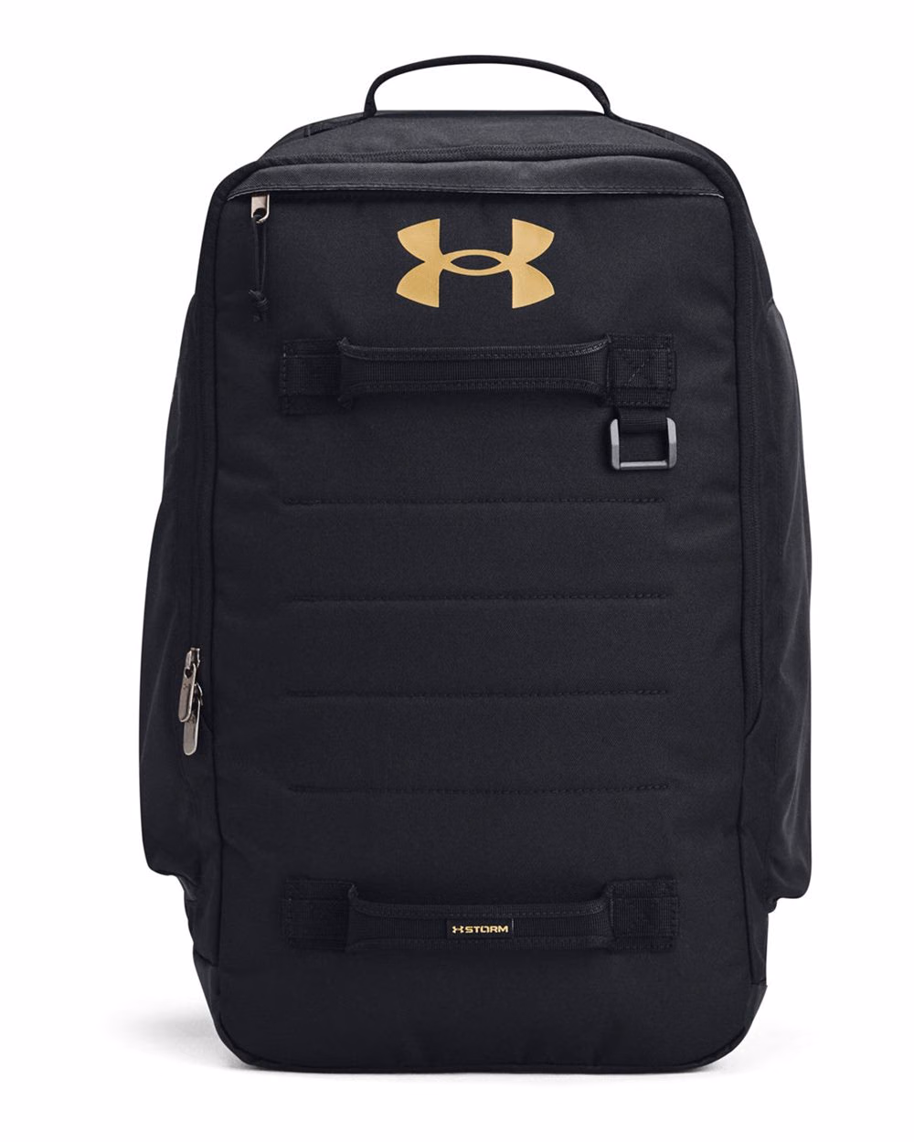 Custom Under Armour Contain Laptop Backpack 2.0 Black/ MT Gold flat front