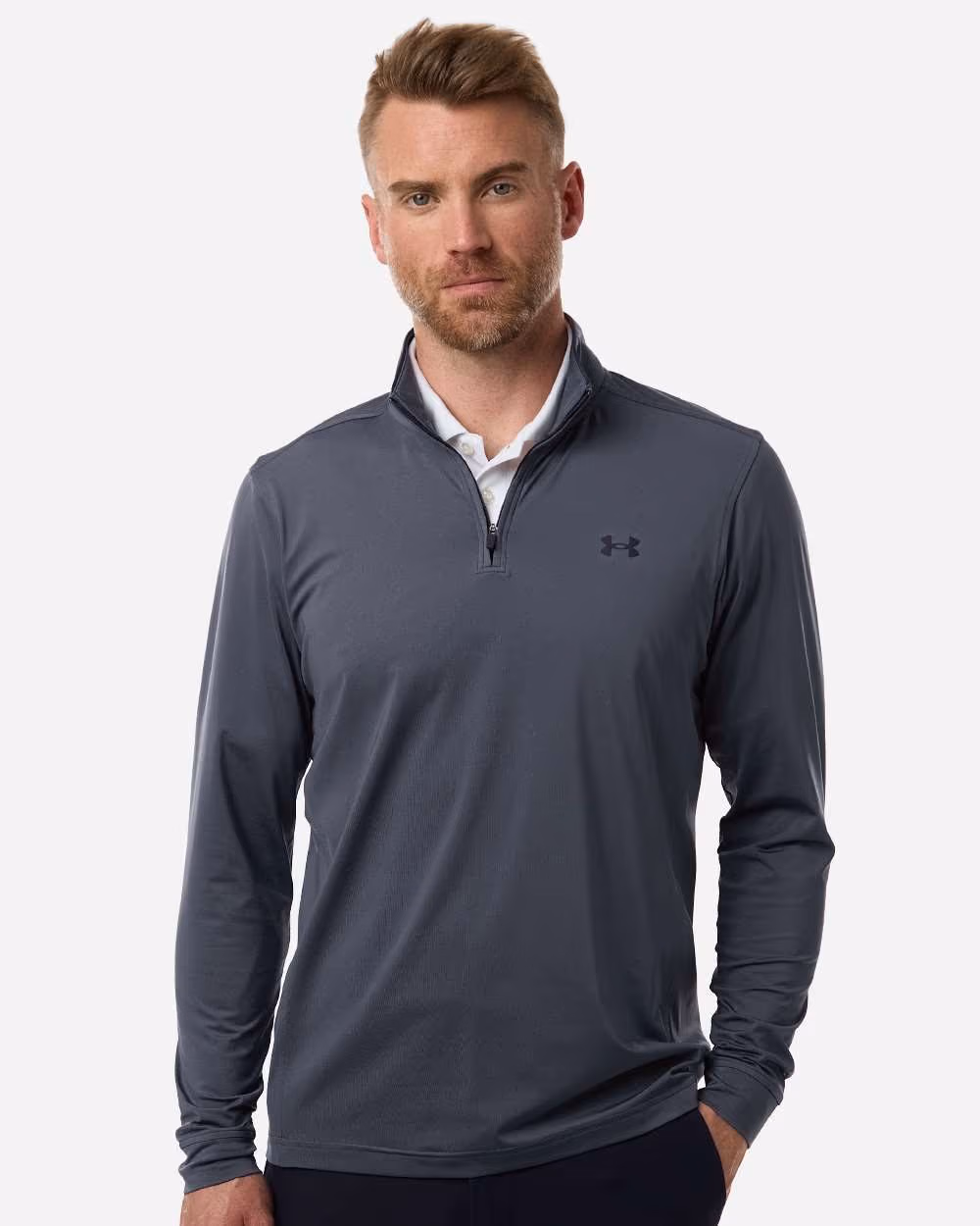 Custom Under Armour Men's Drive Quarter-Zip Pullover - Downpour Grey/ Midnight Navy front