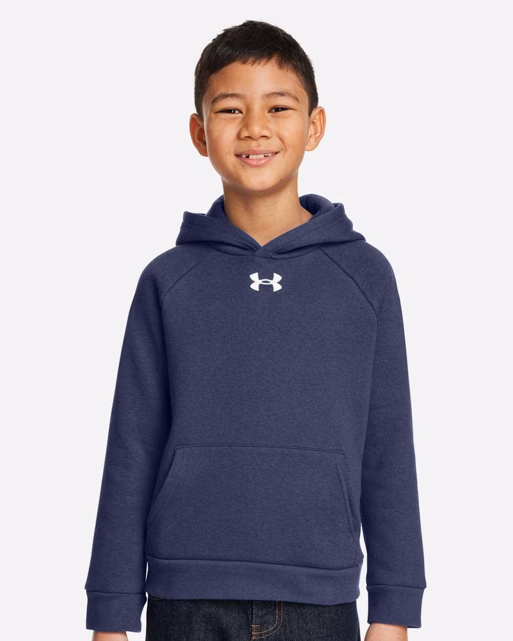 Custom Under Armour Youth Rival Fleece Hooded Sweatshirt - Midnight Navy/ White front
