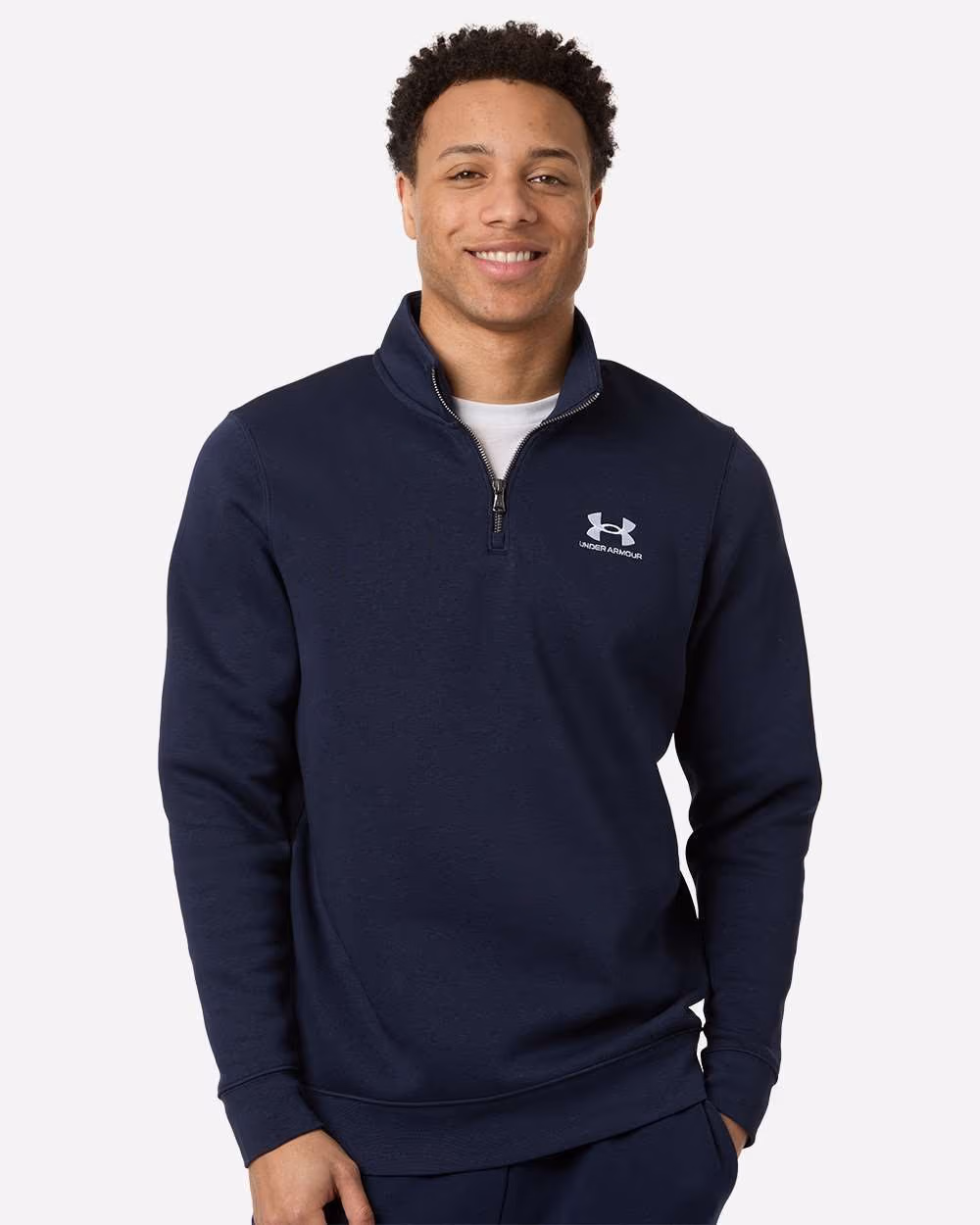 Custom Under Armour Men's Icon Fleece Quarter-Zip Pullover - Midnight Navy/ White front