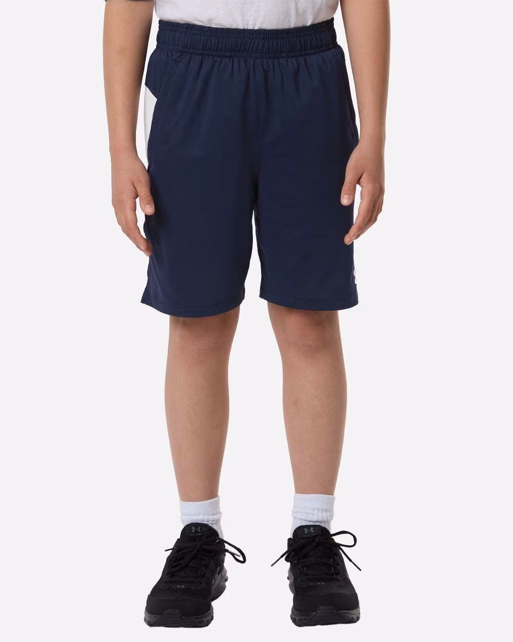 Custom Under Armour Youth Tech Vent Short - Midnight Navy/ White/ White front