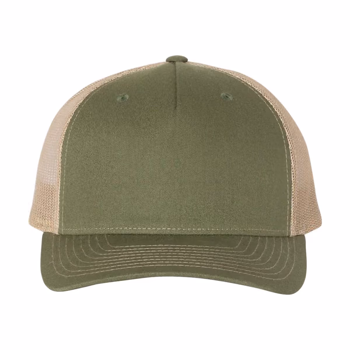 Custom Richardson 112FP Five-Panel Trucker Cap - Army Olive Green/ Tan front