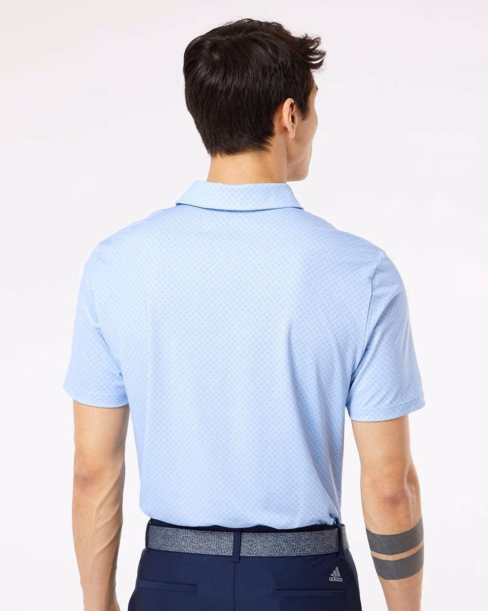 Custom Adidas Men's Ultimate365 Diamond Dot Print Polo - Glow Blue/ White/ Navy back