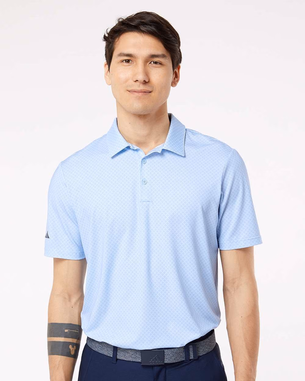 Custom Adidas Men's Ultimate365 Diamond Dot Print Polo - Glow Blue/ White/ Navy front