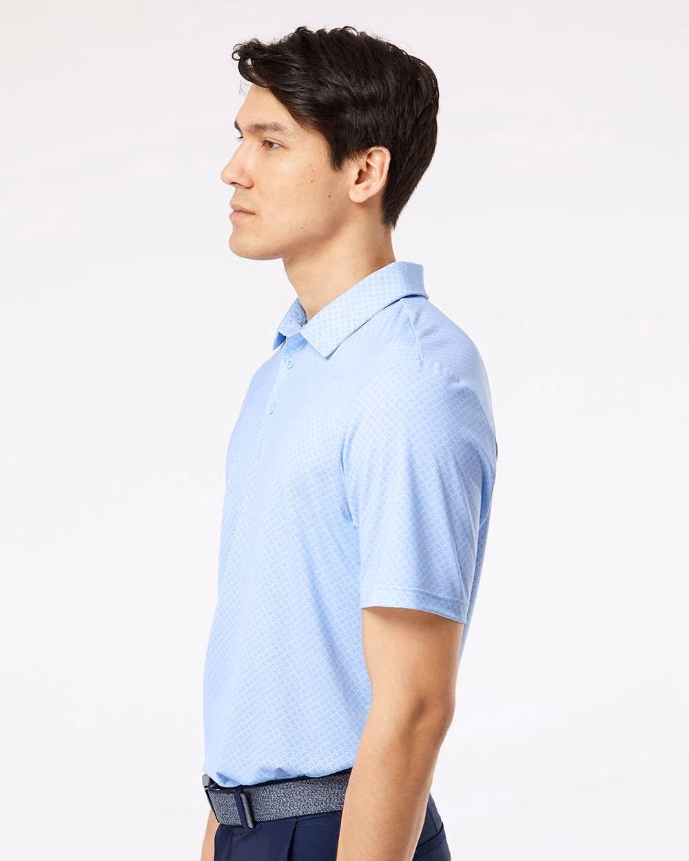 Custom Adidas Men's Ultimate365 Diamond Dot Print Polo - Glow Blue/ White/ Navy side