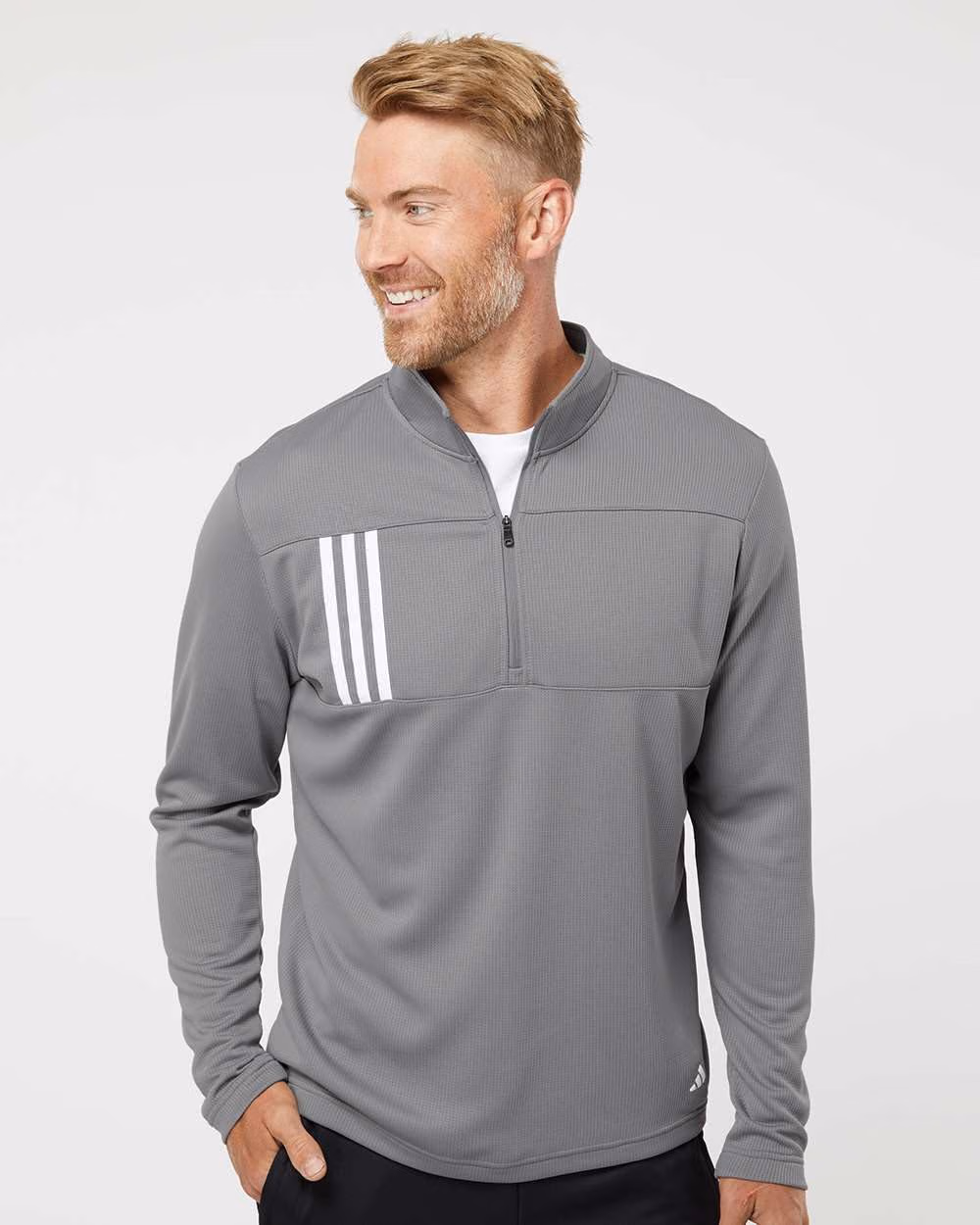 Custom Adidas Men's 3-Stripes Double-Knit Quarter-Zip Pullover - Grey Three/ White front