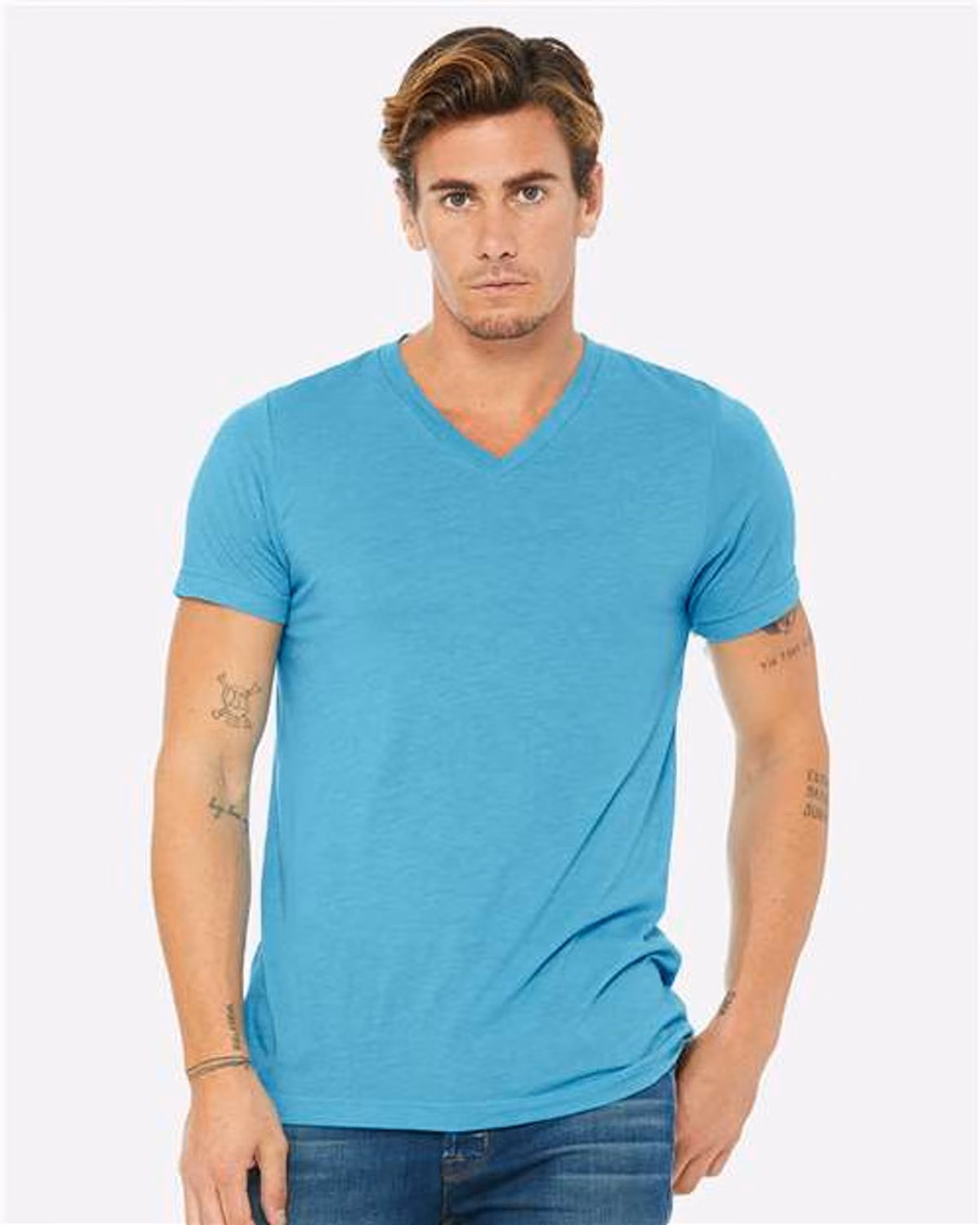 Custom BELLA + CANVAS 3415 Unisex Triblend V-Neck Tee - Aqua Triblend - front