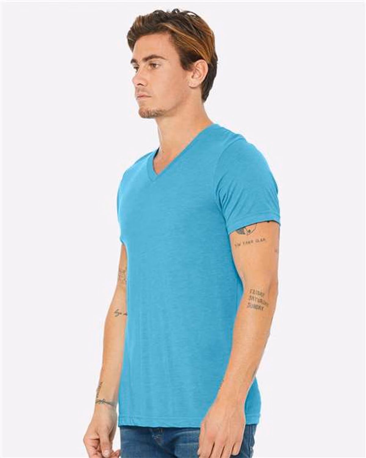 Custom BELLA + CANVAS 3415 Unisex Triblend V-Neck Tee - Aqua Triblend - modelSide